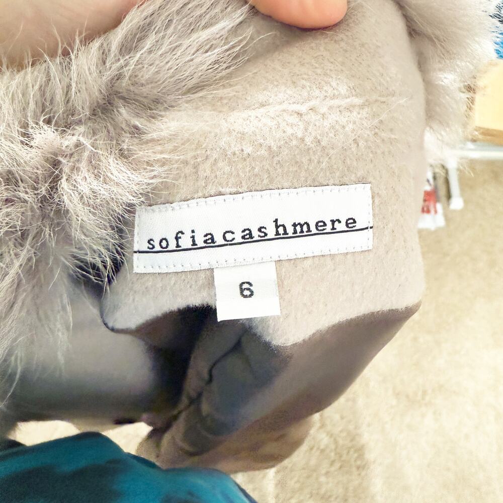 Sofia Cashmere Taupe Wool Overcoat with Shearling Fur Collar Size 6 Belted Waist - Picture 8 of 10